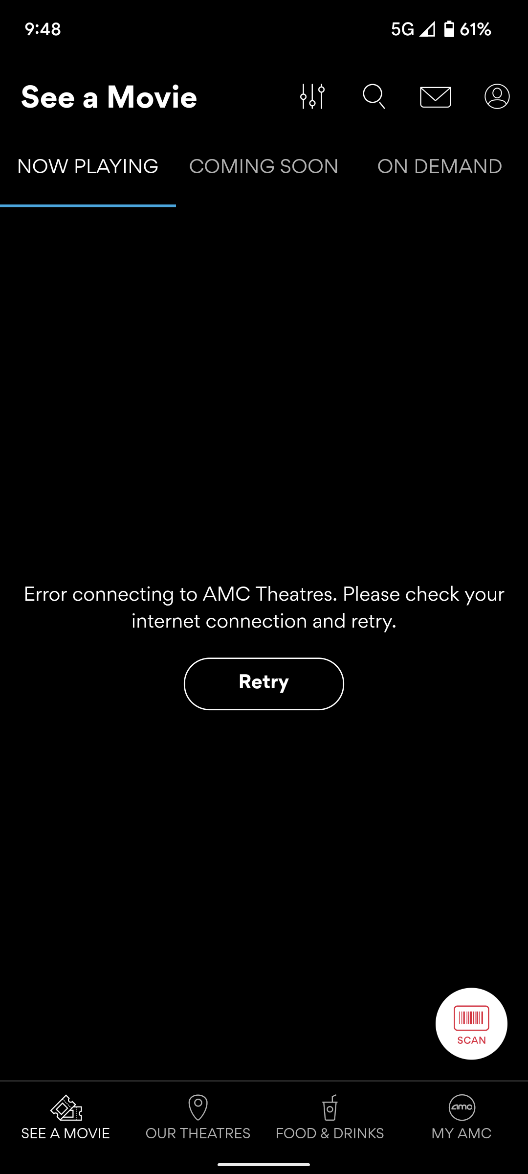 Screenshot of the AMC theatres app displaying the text "Error connecting to AMC theatres. Please check your internet connection and retry."