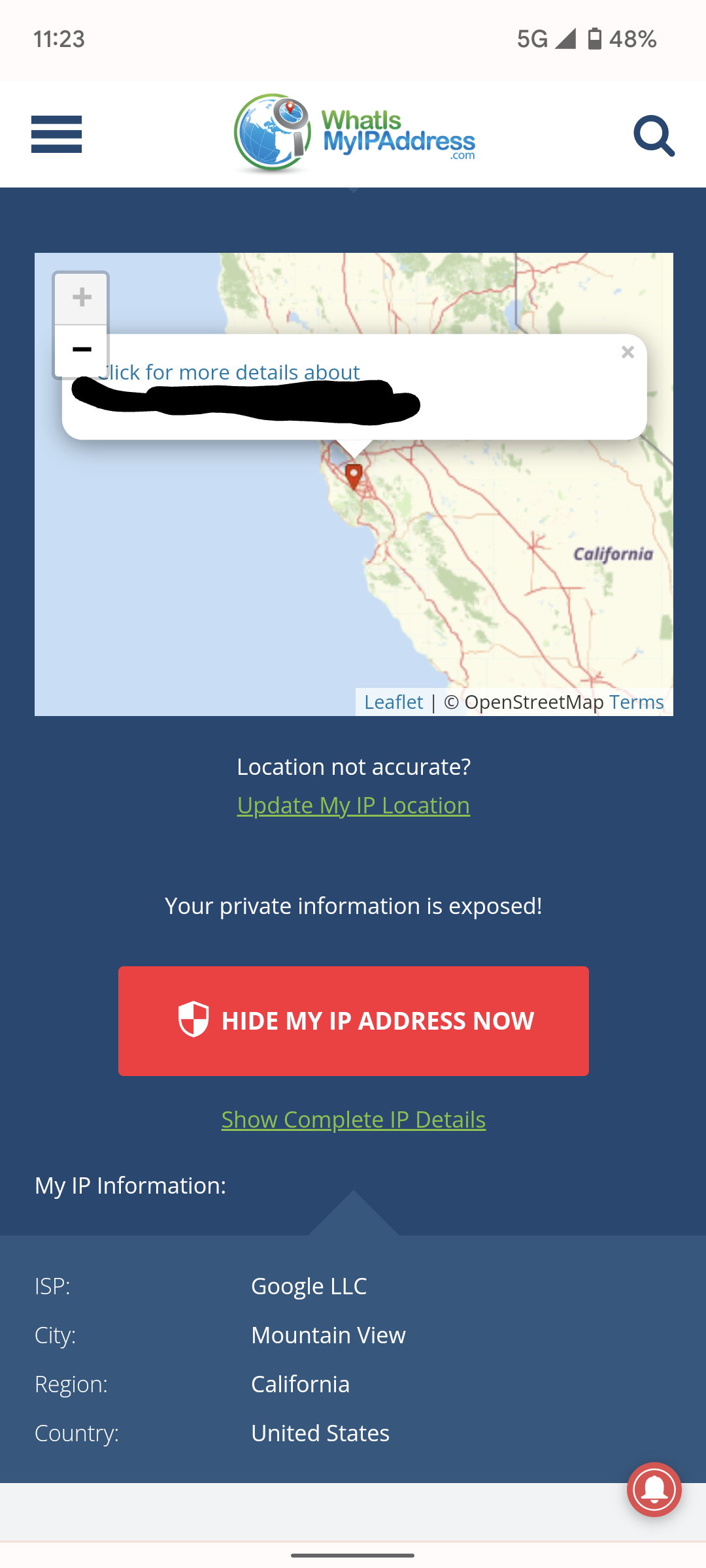 Current IP v6 address showing in Mountain View, CA